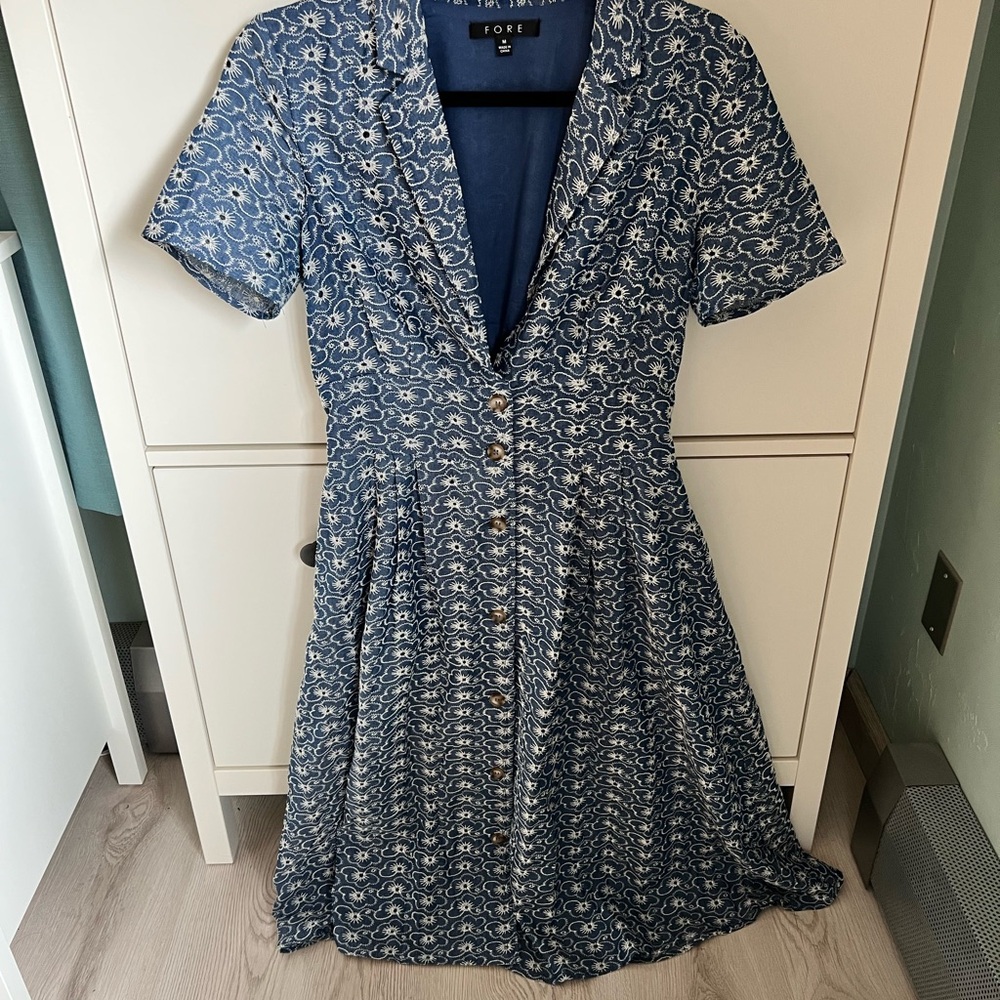 Navy Blue and White V-Neck A-Line Midi Dress